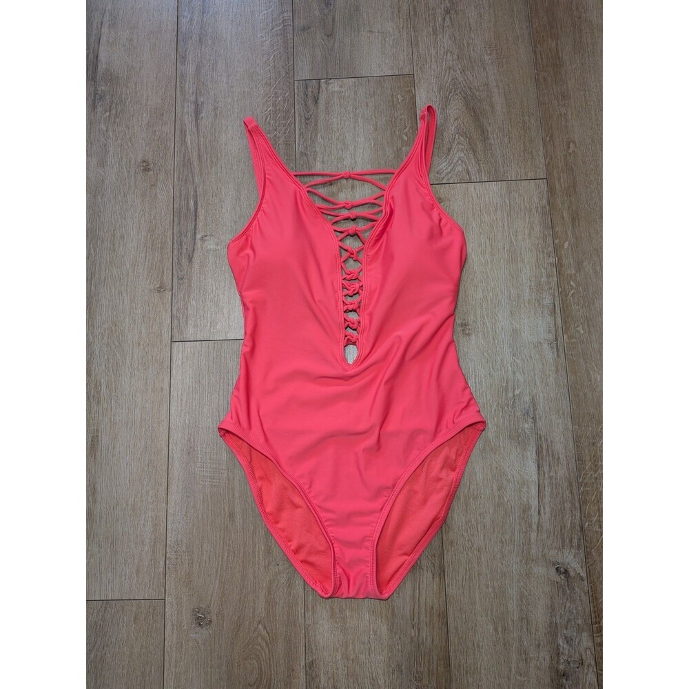 Bleu Rod Beattie Women's 8 Pink Coral Stretch Plunge Knotty One Piece Swimsuit